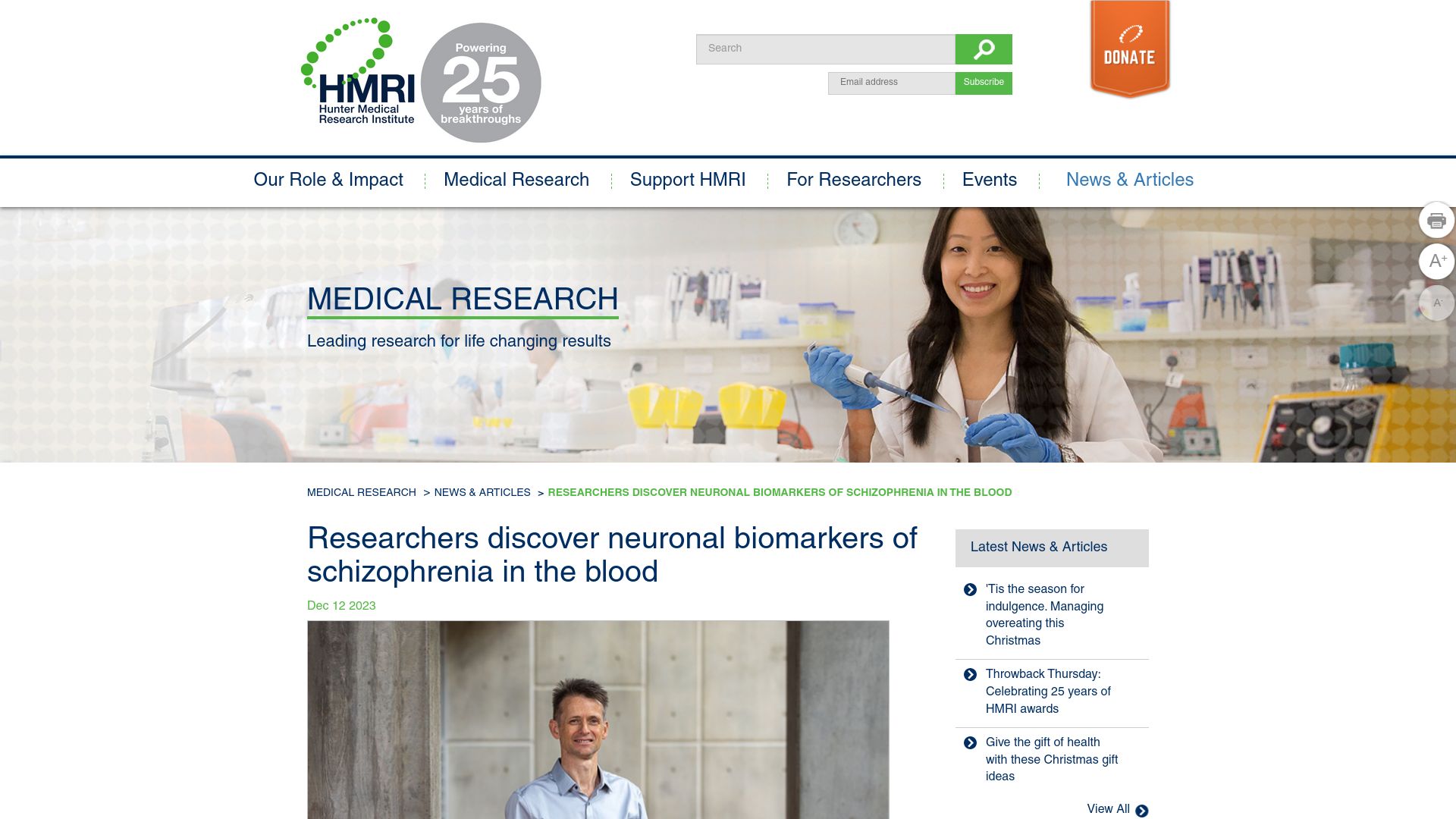 Screenshot of hmri.org.au: Researchers discover neuronal biomarkers of schizophrenia in the blood