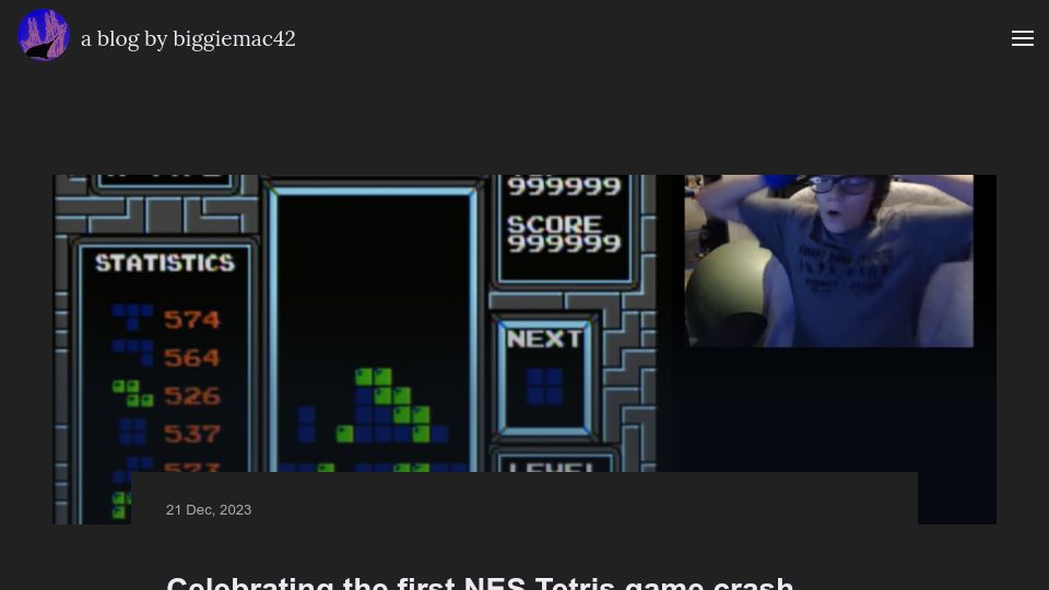 Screenshot of biggieblog.com: Celebrating the first NES Tetris game crash