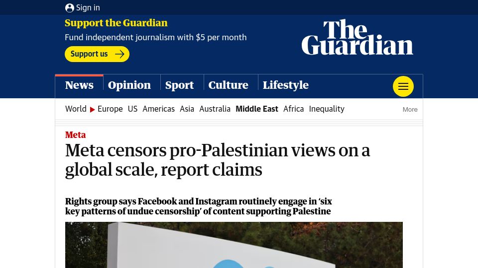 Screenshot of theguardian.com: Meta censors pro-Palestinian views on a global scale, report claims