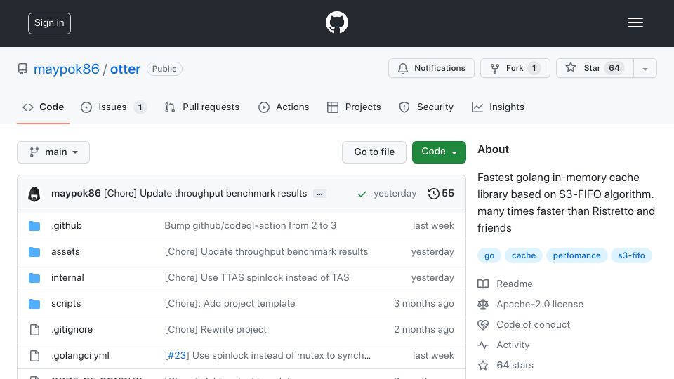 Screenshot of github.com: Otter, Fastest Go in-memory cache based on S3-FIFO algorithm