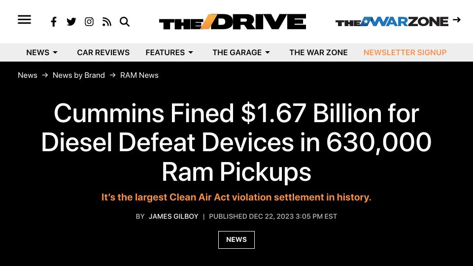 Screenshot of thedrive.com: Cummins Fined $1.6B for Diesel Defeat Devices in 630K RAM Trucks