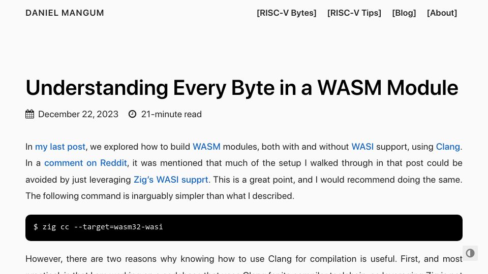 Screenshot of danielmangum.com: Understanding every byte in a WASM module
