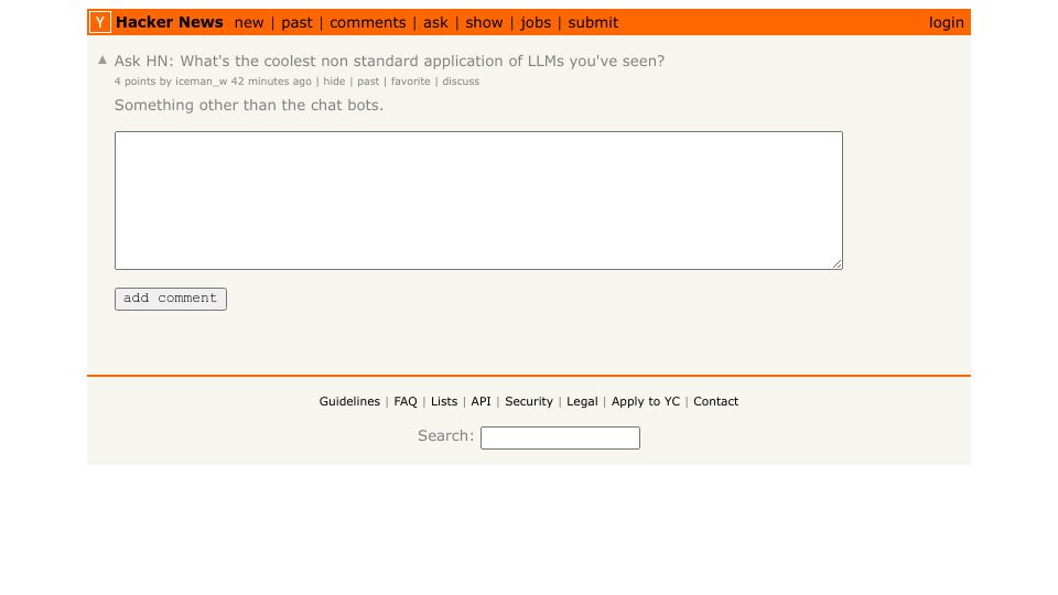 Screenshot of Hacker News post: Ask HN: What's the coolest non standard application of LLMs you've seen?