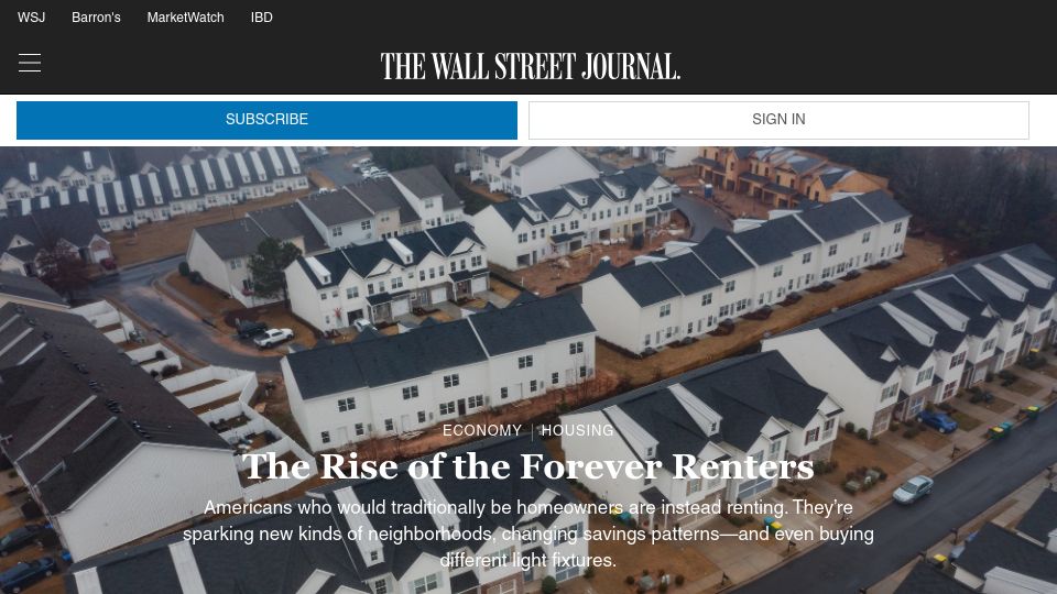 Screenshot of wsj.com: The Rise of the Forever Renters