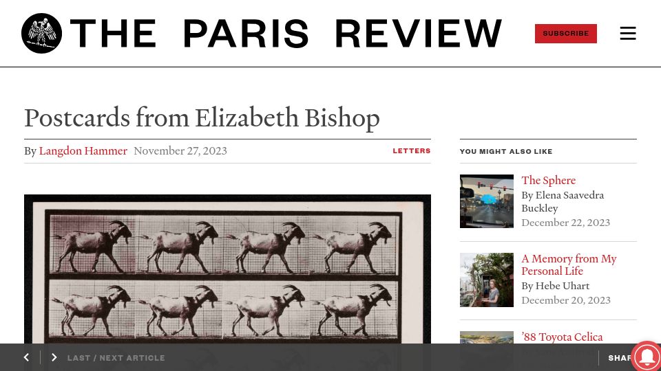 Screenshot of theparisreview.org: Postcards from Elizabeth Bishop