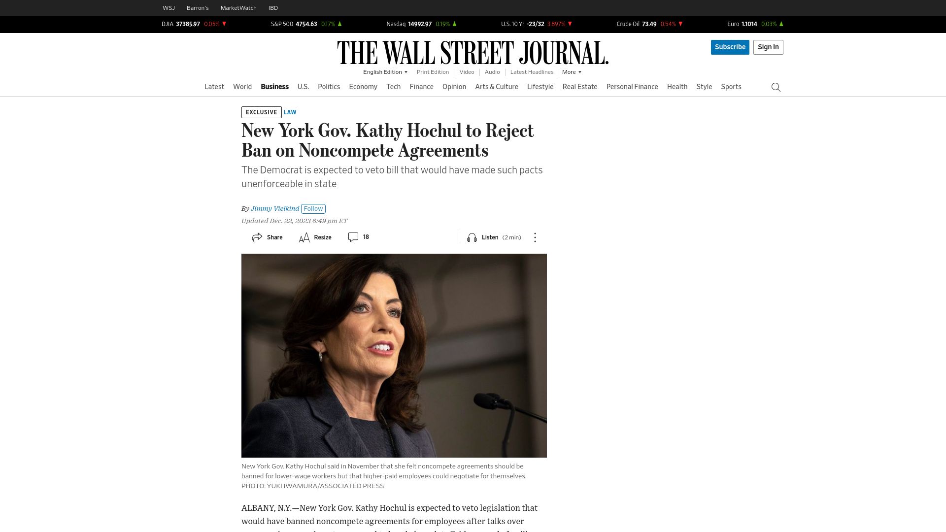 Screenshot of wsj.com: New York Gov. Kathy Hochul to Reject Ban on Noncompete Agreements
