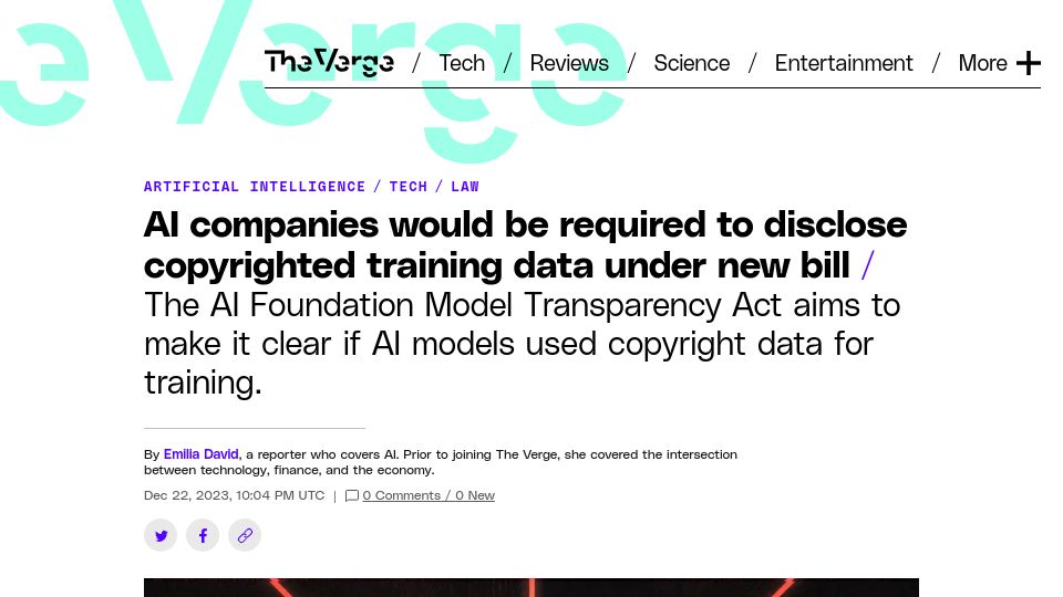 Screenshot of theverge.com: AI companies required to disclose copyrighted training data under new bill