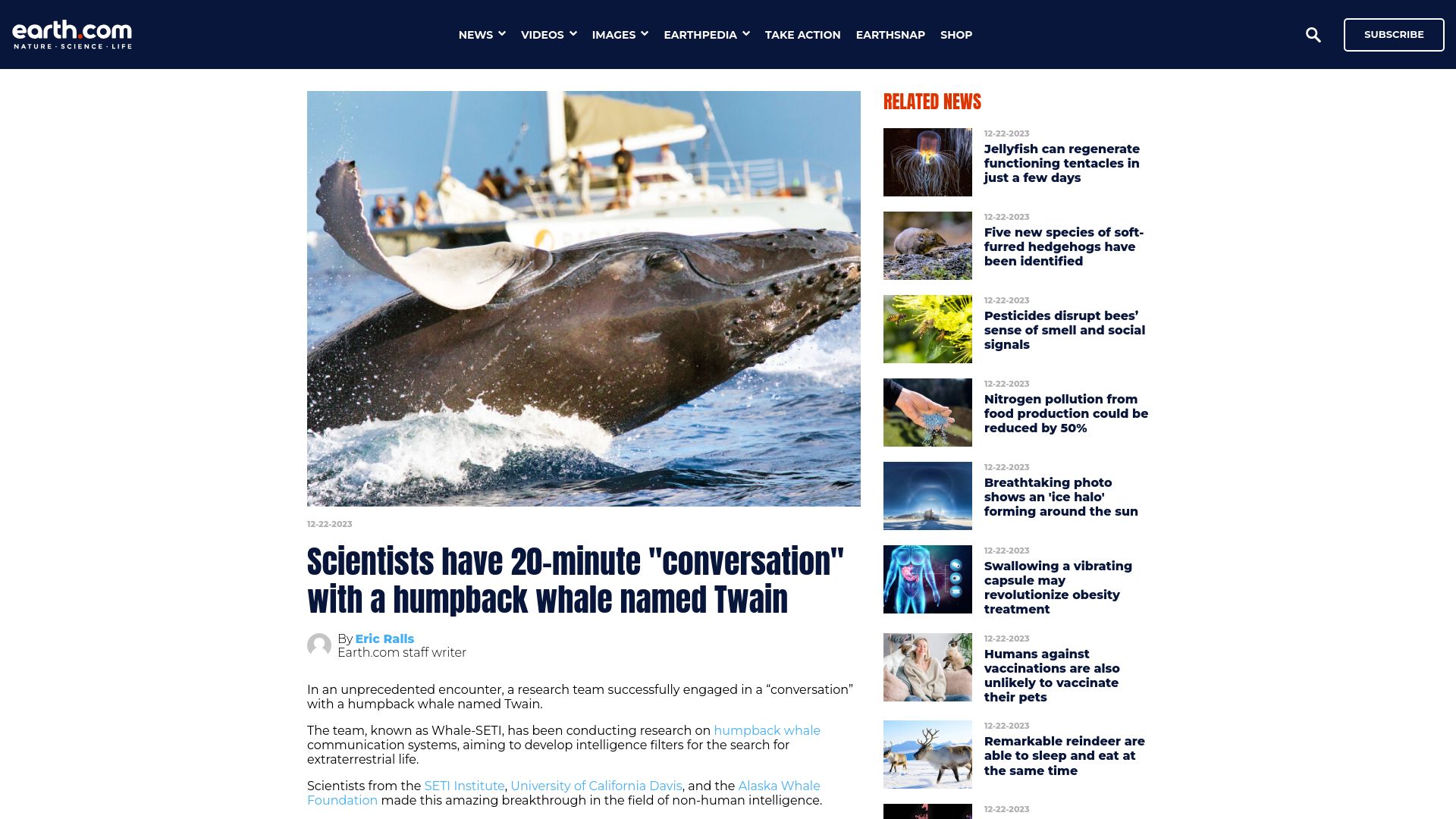 Screenshot of earth.com: Scientists have 20-minute "conversation" with a humpback whale