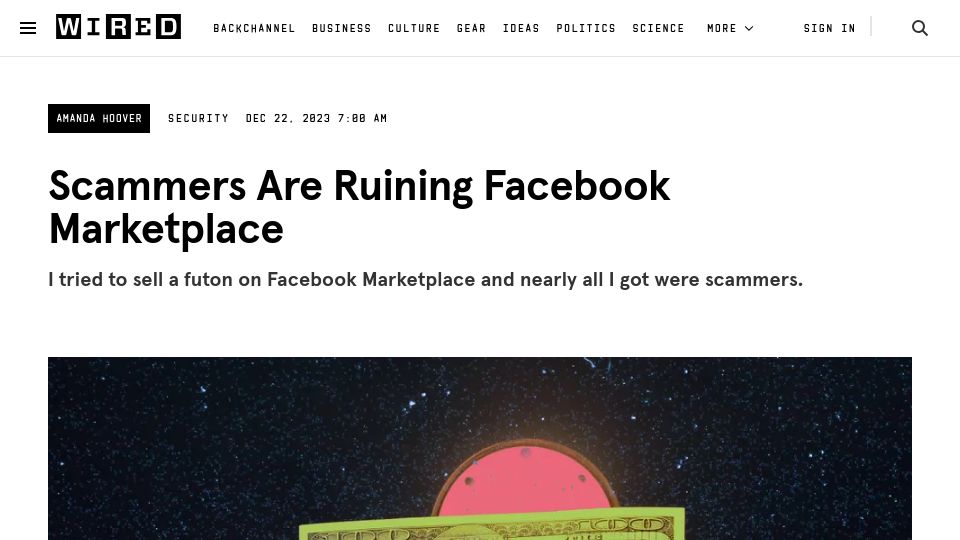 Screenshot of wired.com: Scammers Are Ruining Facebook Marketplace
