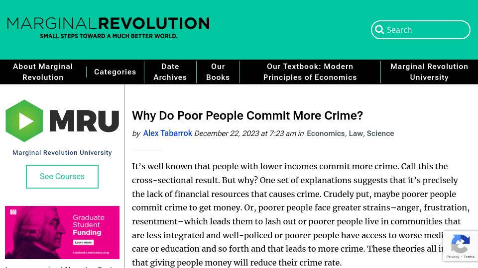 Screenshot of marginalrevolution.com: Why do poor people commit more crime?