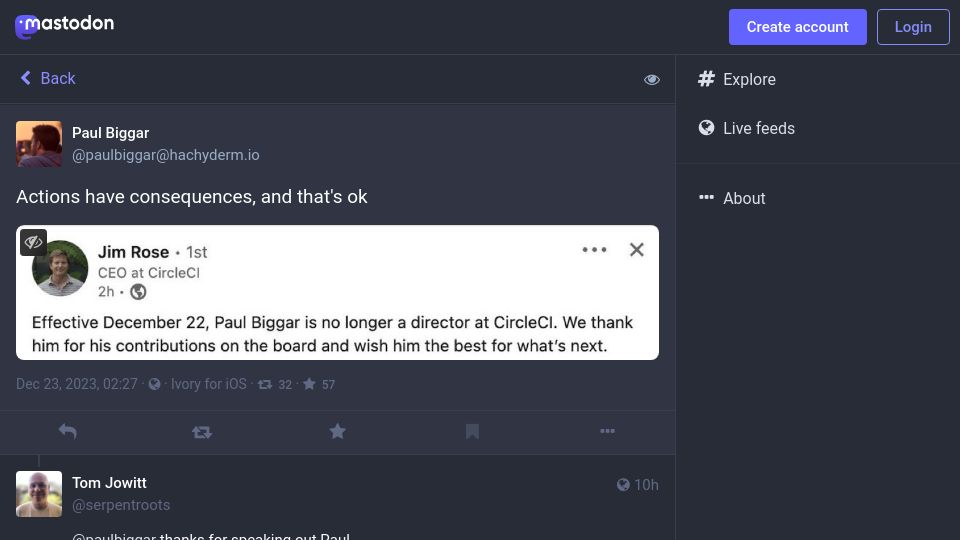 Screenshot of hachyderm.io: Paul Biggar removed from CircleCI board for pro-Palestine blog post
