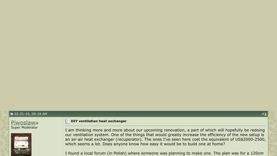 Screenshot of ecorenovator.org: DIY ventilation heat exchanger (2010)