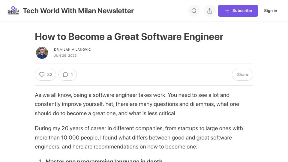 Screenshot of newsletter.techworld-with-milan.com: How to Become a Great Software Engineer