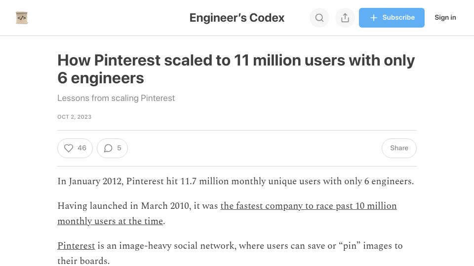 Screenshot of read.engineerscodex.com: How Pinterest scaled