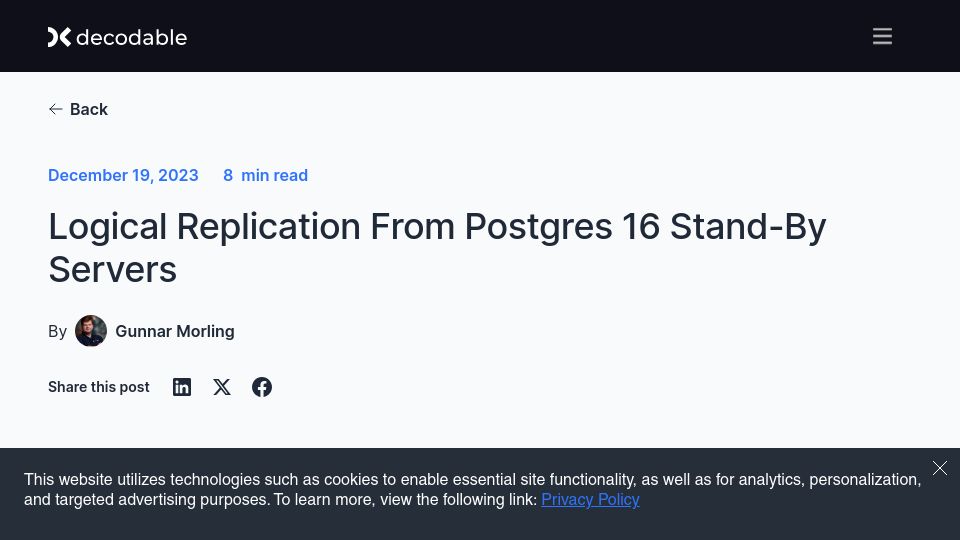 Screenshot of decodable.co: Logical Replication from Postgres 16 Stand-By Servers