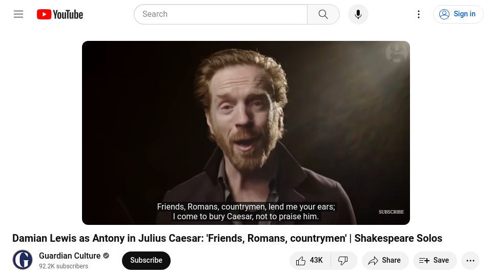 Screenshot of youtube.com: Damian Lewis as Antony in Julius Caesar: 'Friends, Romans, Countrymen' [video]