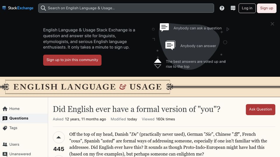 Screenshot of english.stackexchange.com: Did English ever have a formal version of "you"? (2011)