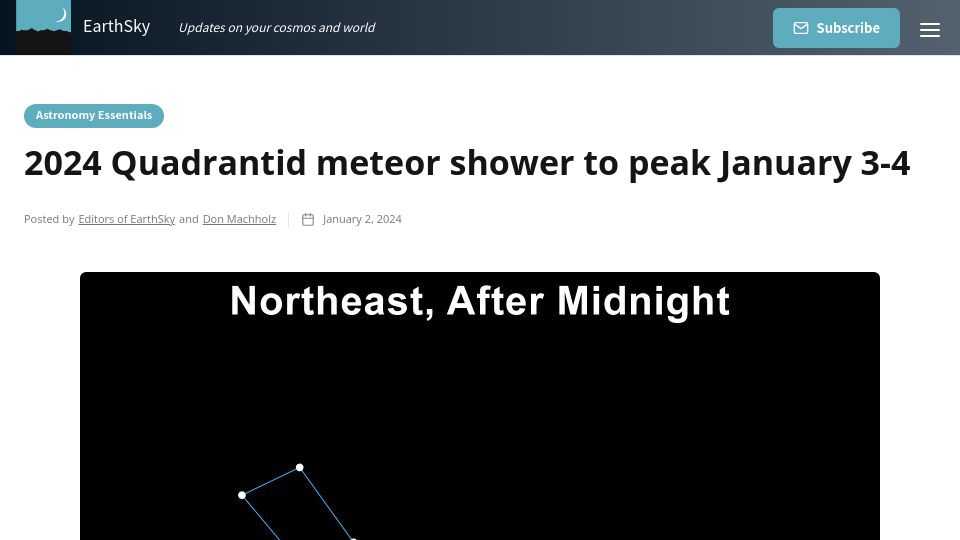 Screenshot of earthsky.org: 2024 Quadrantid meteor shower to peak January 3-4