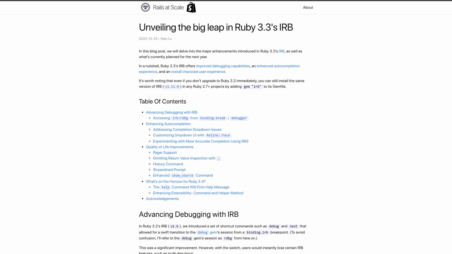 Screenshot of railsatscale.com: Unveiling the big leap in Ruby 3.3's IRB