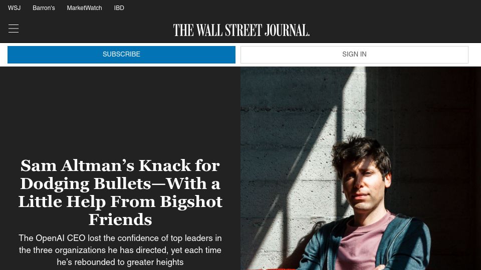 Screenshot of wsj.com: Sam Altman's knack for dodging bullets with a little help from bigshot friends