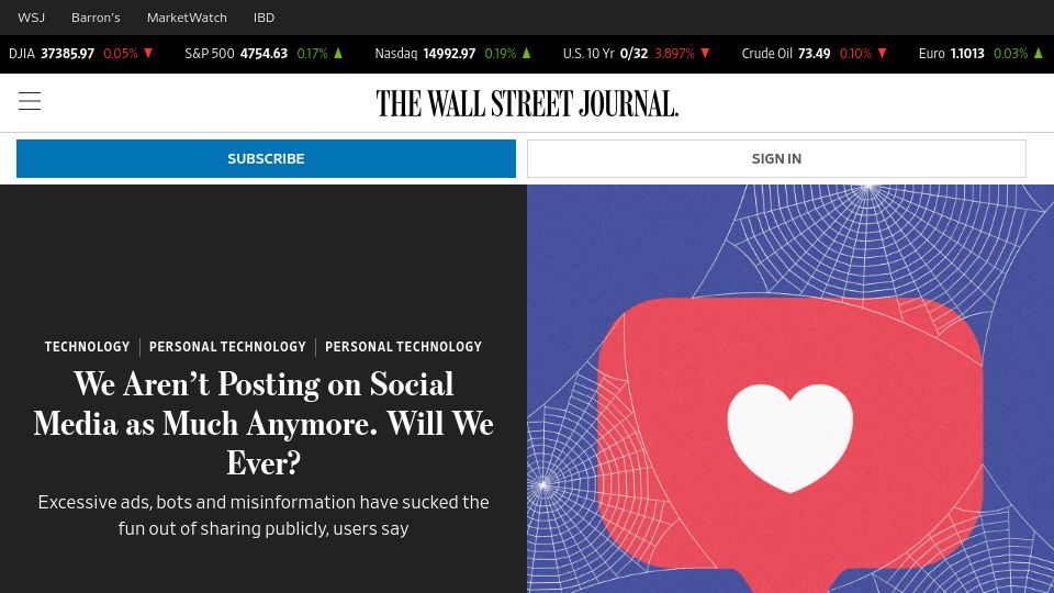 Screenshot of wsj.com: People aren't posting on social media as much