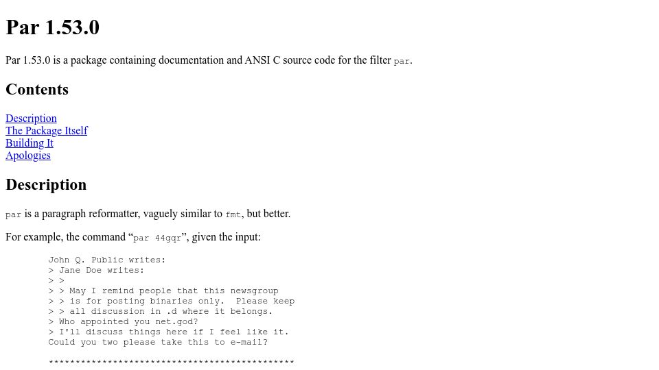 Screenshot of nicemice.net: Par: Paragraph reformatter, vaguely similar to fmt, but better