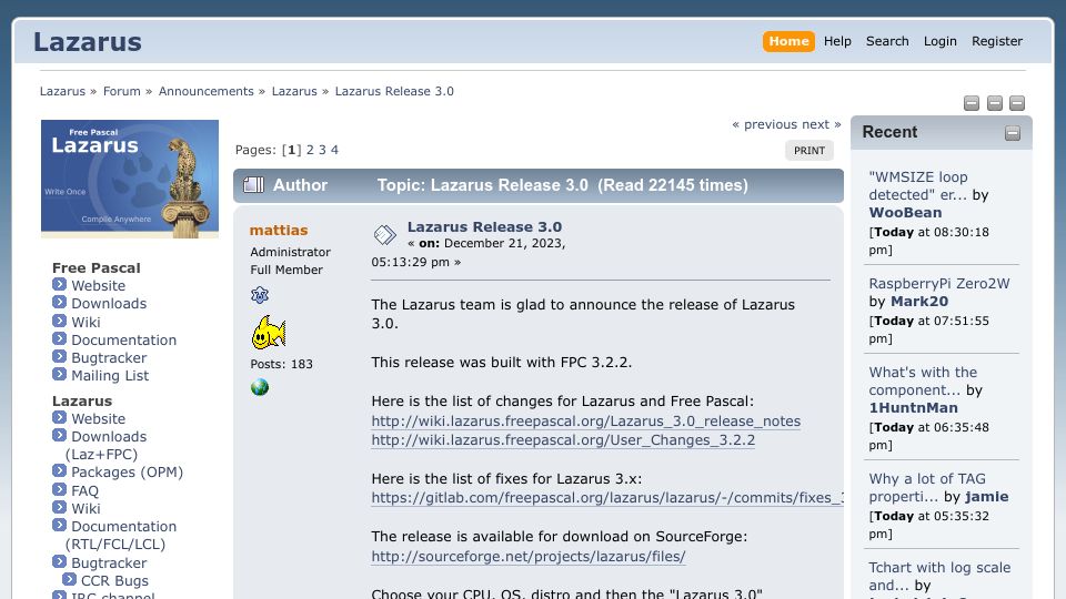 Screenshot of forum.lazarus.freepascal.org: Lazarus IDE 3.0