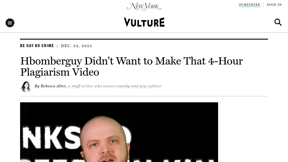 Screenshot of vulture.com: Hbomberguy didn't want to make that 4-hour plagiarism video