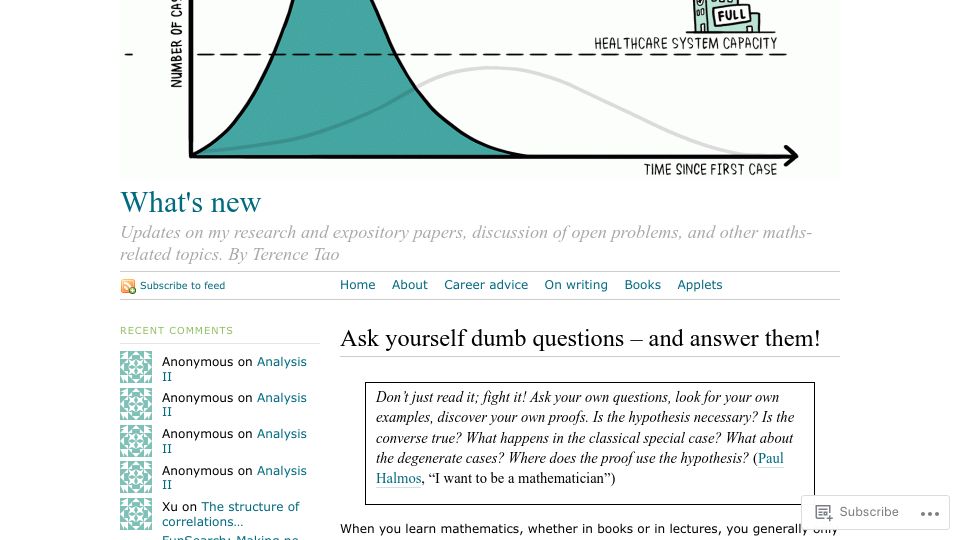 Screenshot of terrytao.wordpress.com: Ask yourself dumb questions and answer them (2020)