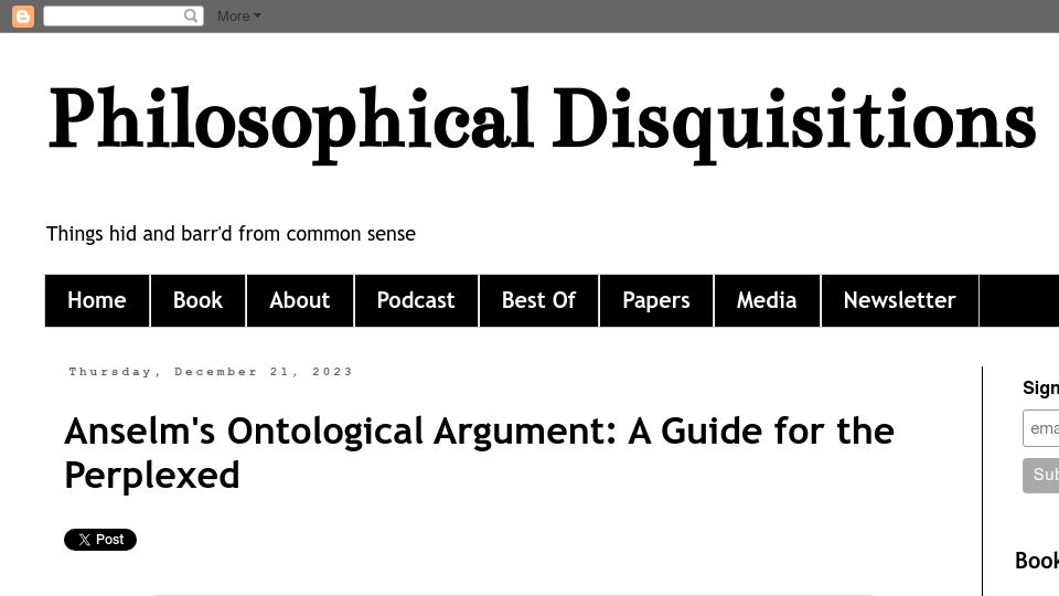 Screenshot of philosophicaldisquisitions.blogspot.com: Anselm's Ontological Argument: A Guide for the Perplexed