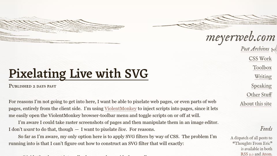 Screenshot of meyerweb.com: Pixelating Live with SVG