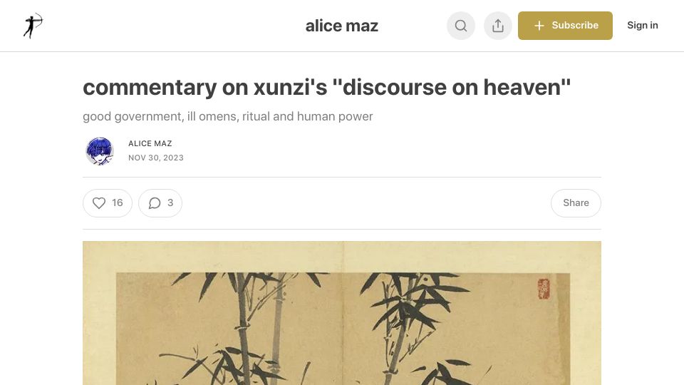 Screenshot of alicemaz.substack.com: Commentary on Xunzi's "Discourse on Heaven"