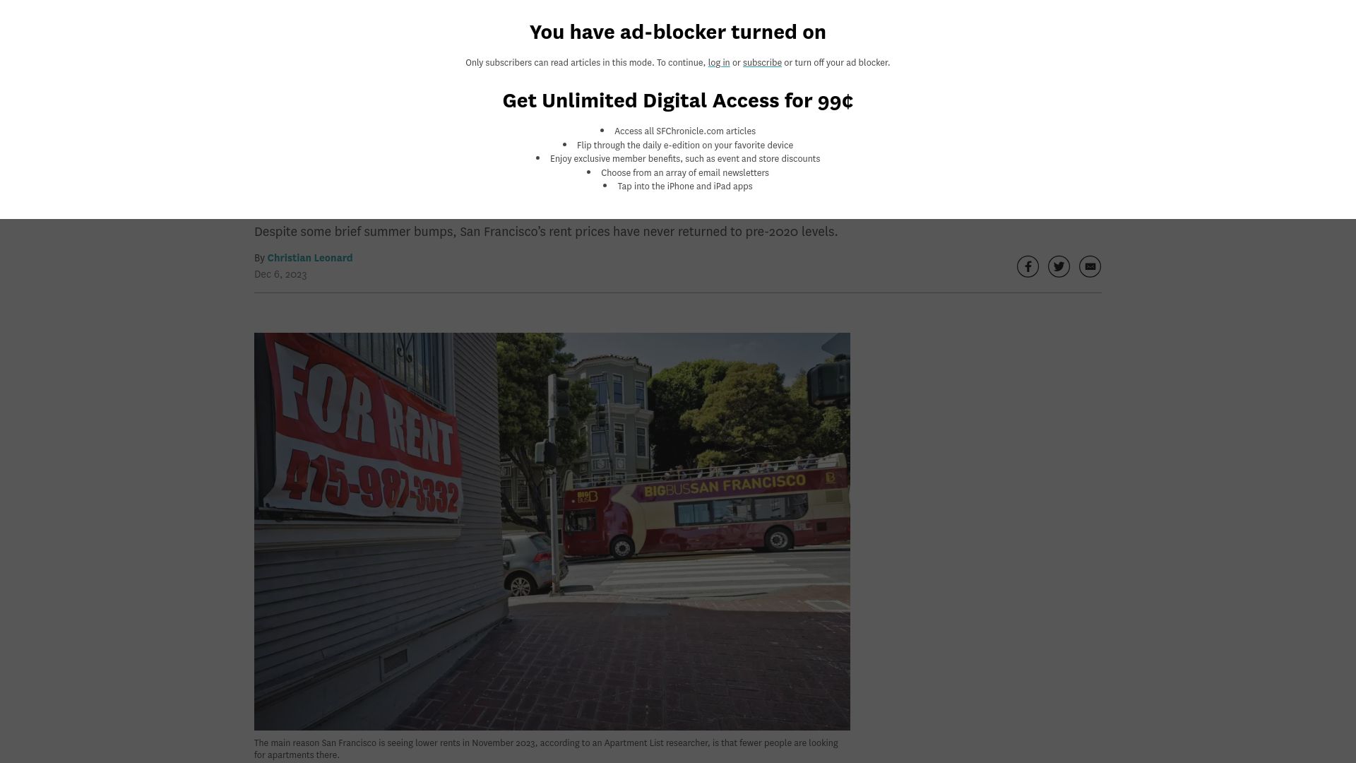 Screenshot of sfchronicle.com: San Francisco’s rent prices have never returned to pre-2020 levels