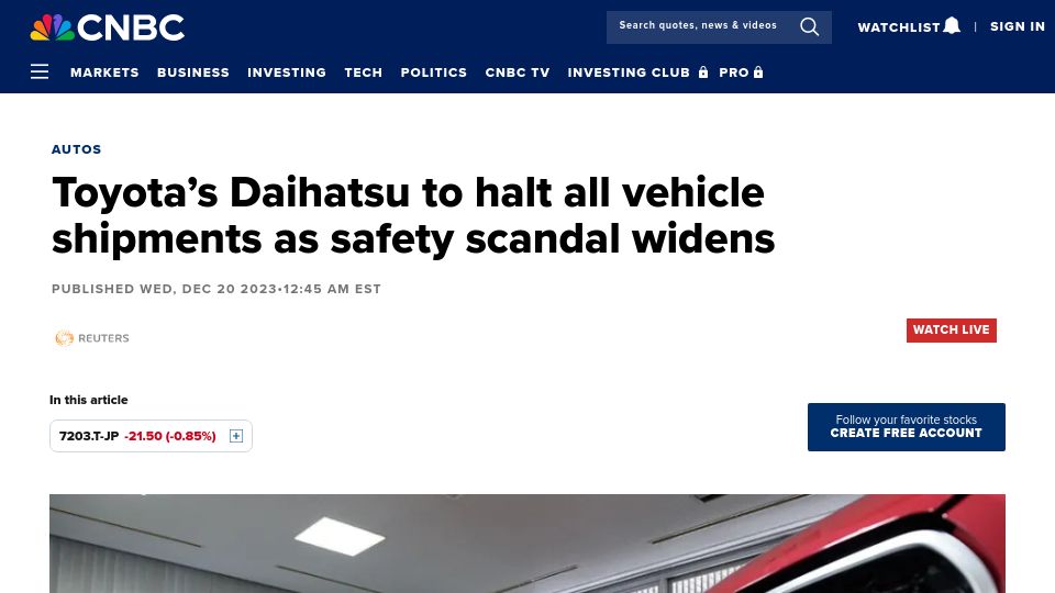 Screenshot of cnbc.com: Toyota's Daihatsu to halt all vehicle shipments as safety scandal widens