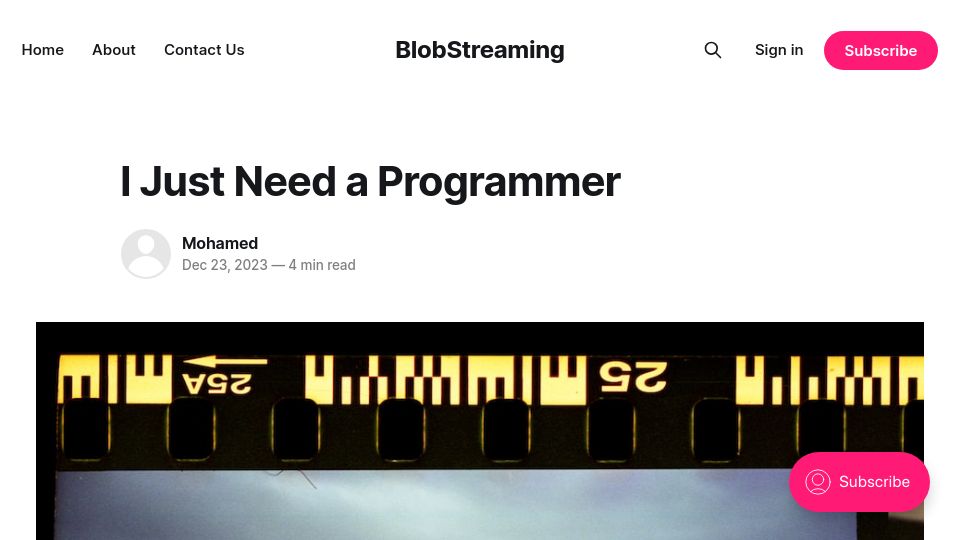Screenshot of blobstreaming.org: I Just Need a Programmer