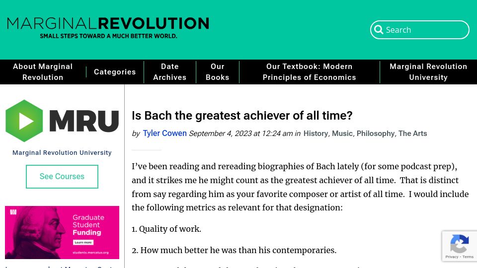 Screenshot of marginalrevolution.com: Is Bach the greatest achiever of all time?