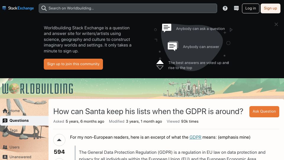 Screenshot of worldbuilding.stackexchange.com: How can Santa keep his lists when the GDPR is around?
