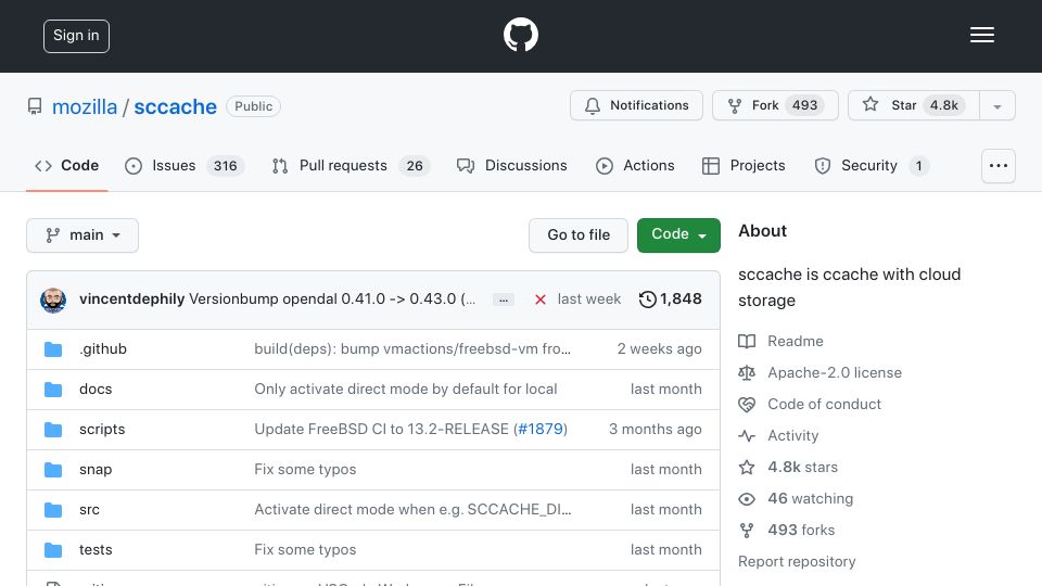 Screenshot of github.com: Mozilla sccache: ccache with cloud storage