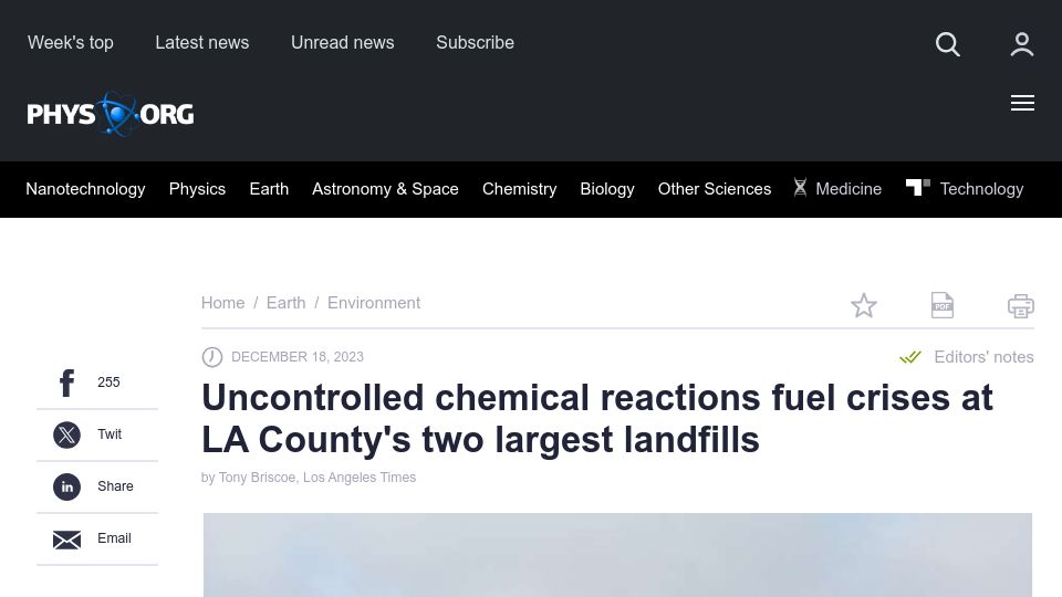 Screenshot of phys.org: Chemical reactions fuel crises at LA County's two largest landfills