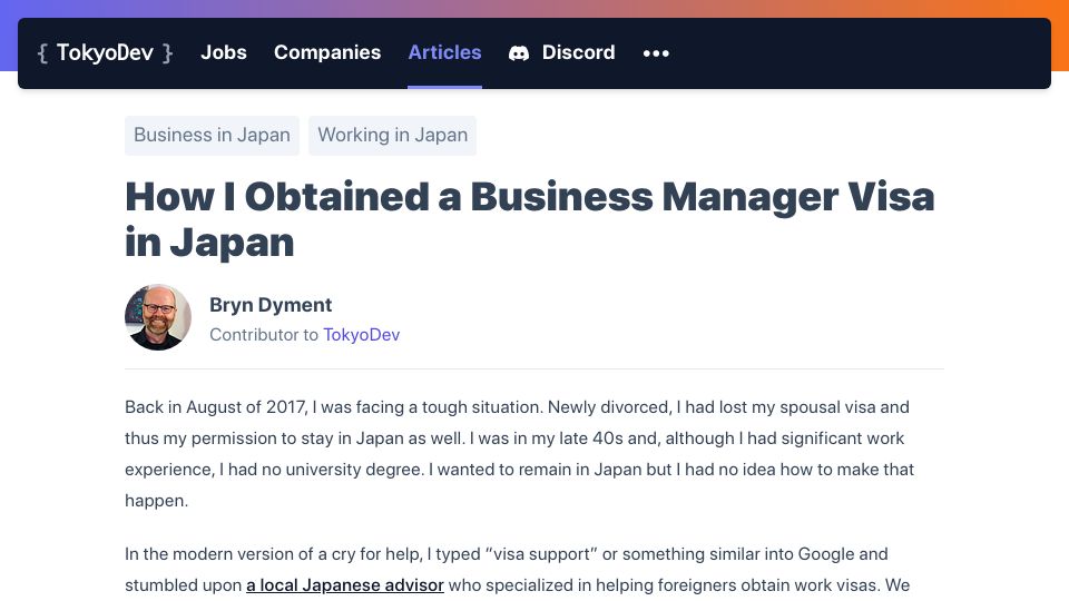 Screenshot of tokyodev.com: How I Obtained a Business Manager Visa in Japan