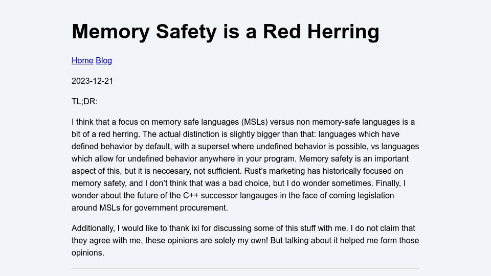 Screenshot of steveklabnik.com: Memory safety is necessary, not sufficient