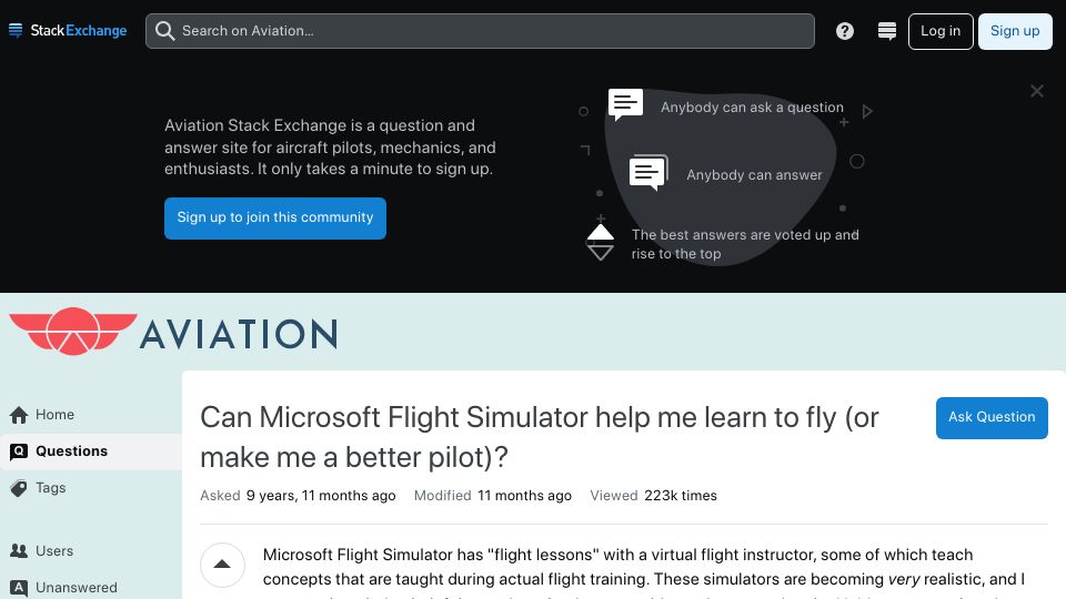 Screenshot of aviation.stackexchange.com: Can Microsoft Flight Simulator help me learn to fly or make me a better pilot?