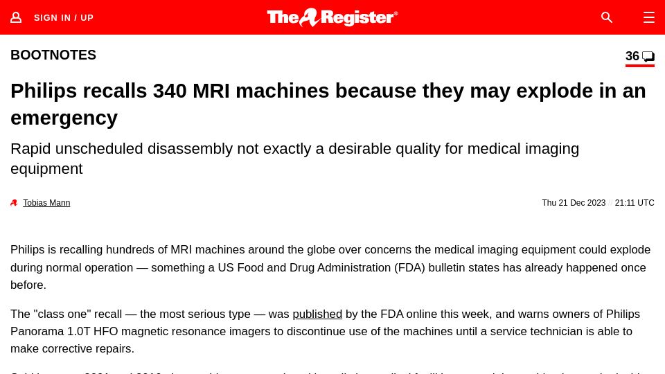 Screenshot of theregister.com: Philips recalls 340 MRI machines because they may explode in an emergency