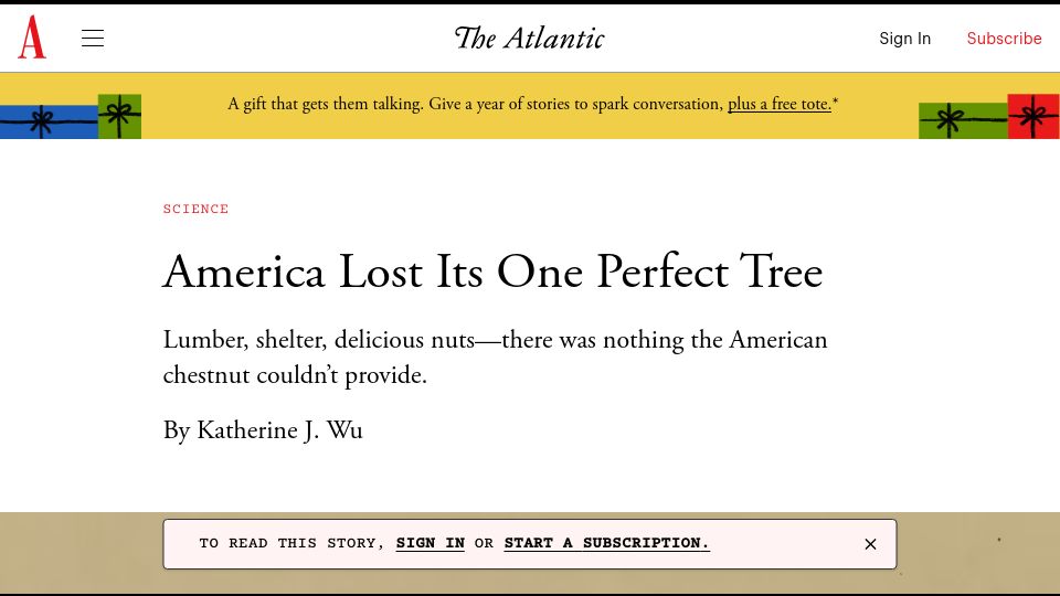Screenshot of theatlantic.com: America lost the chestnut, its "perfect tree"