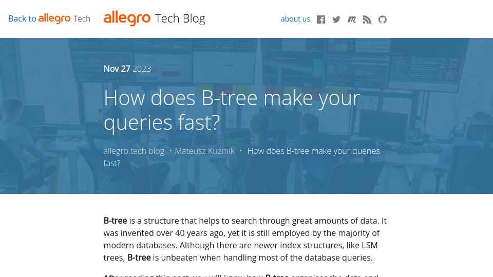 Screenshot of blog.allegro.tech: How does a B-tree make queries fast?