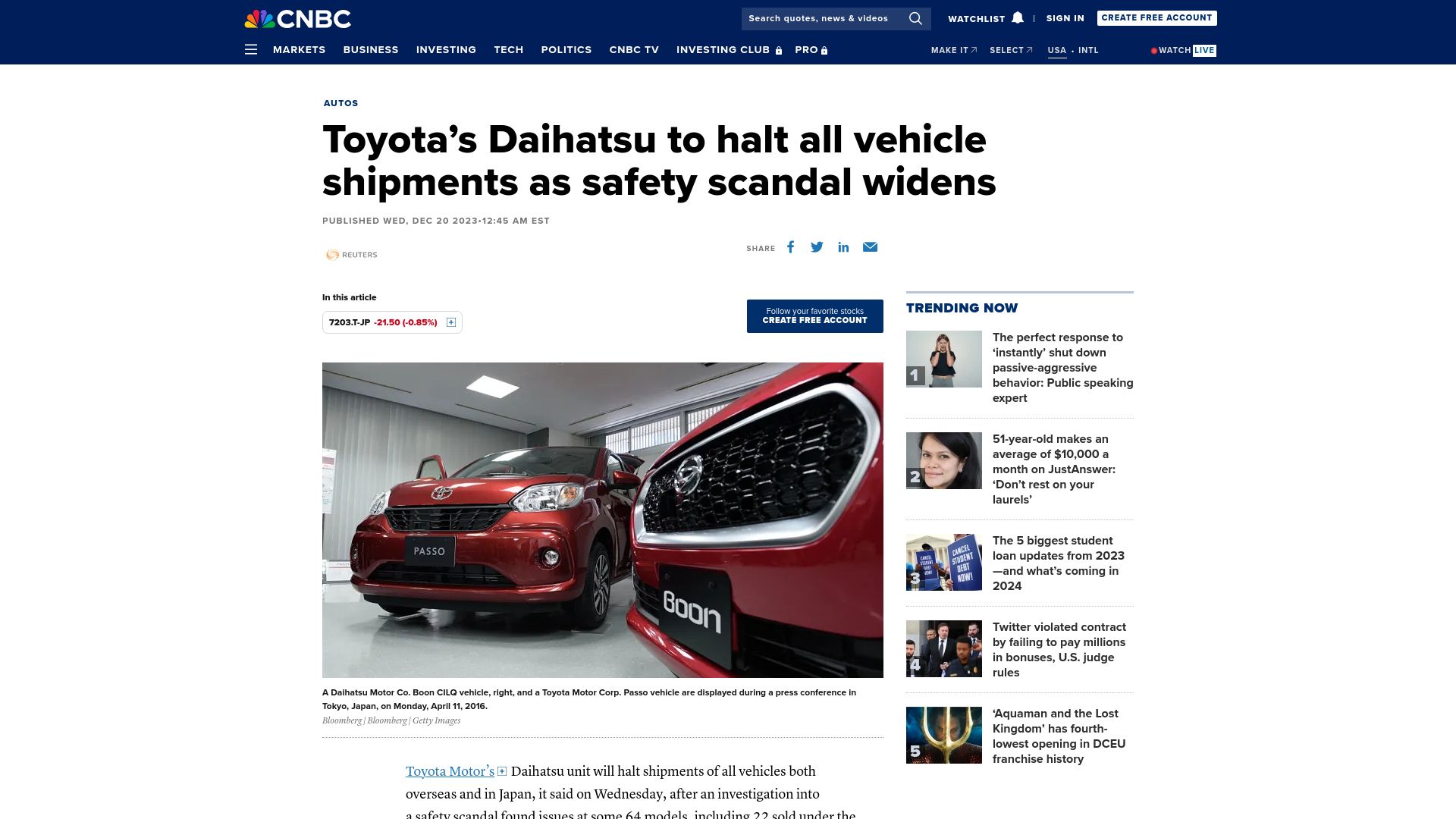 Screenshot of cnbc.com: Toyota's Daihatsu to halt all vehicle shipments as safety scandal widens
