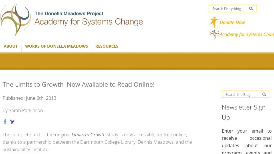 Screenshot of donellameadows.org: The Limits to Growth (1972)