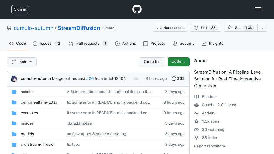 Screenshot of github.com: StreamDiffusion: A pipeline-level solution for real-time interactive generation