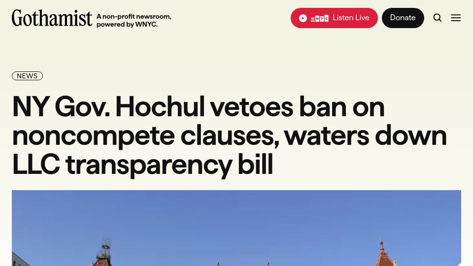 Screenshot of gothamist.com: NY Governor vetoes ban on noncompete clauses, waters down LLC transparency bill