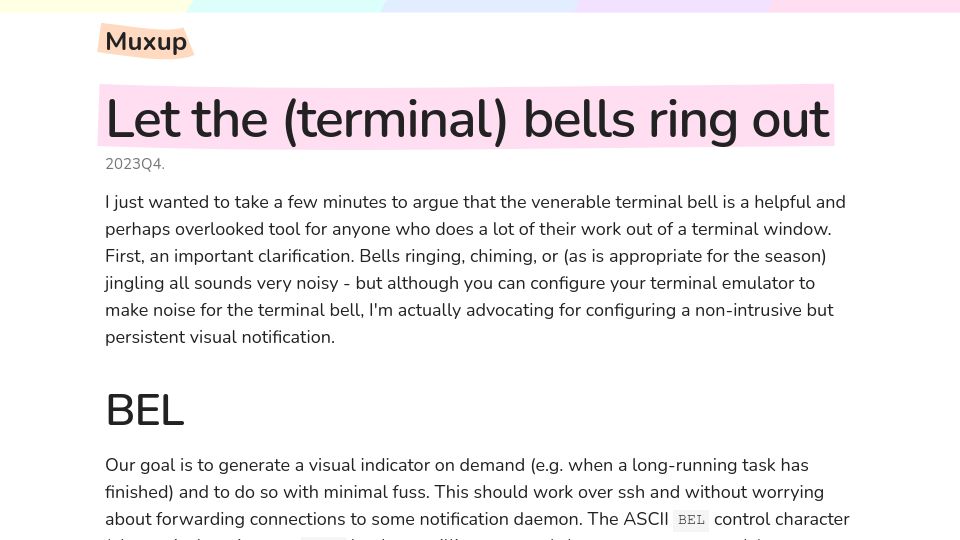 Screenshot of muxup.com: Let the terminal bells ring out